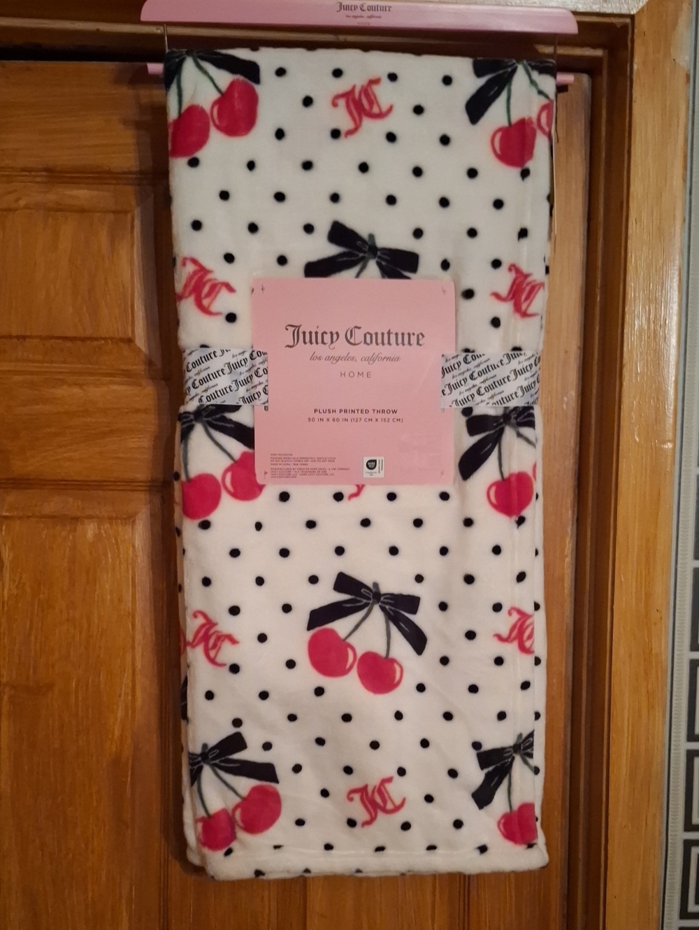 Juicy Couture White Plush Throw with Pink Cherry & Black Bow Print